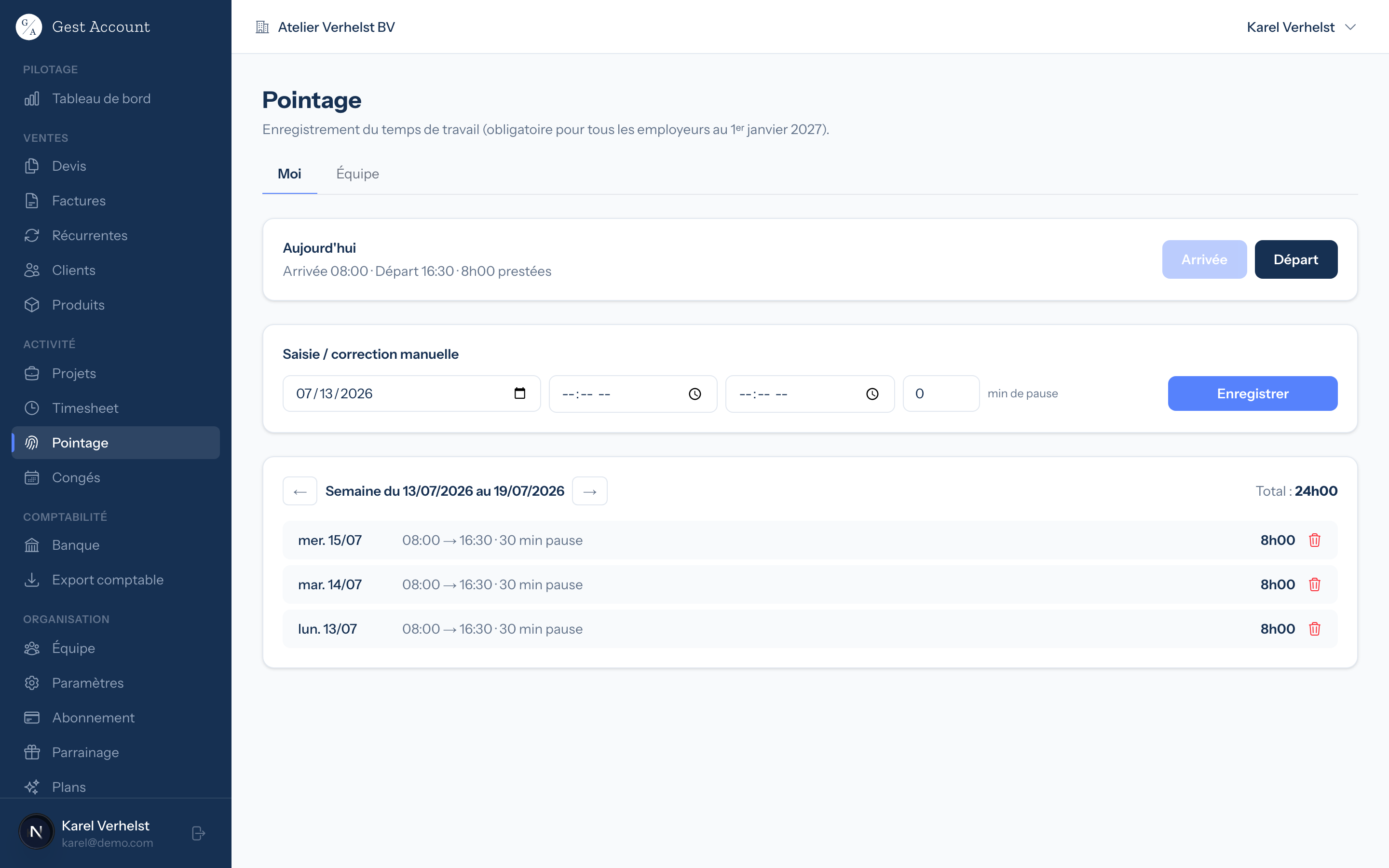 Module Pointage de GestAccount : arrivée, départ, pauses et registre de la semaine