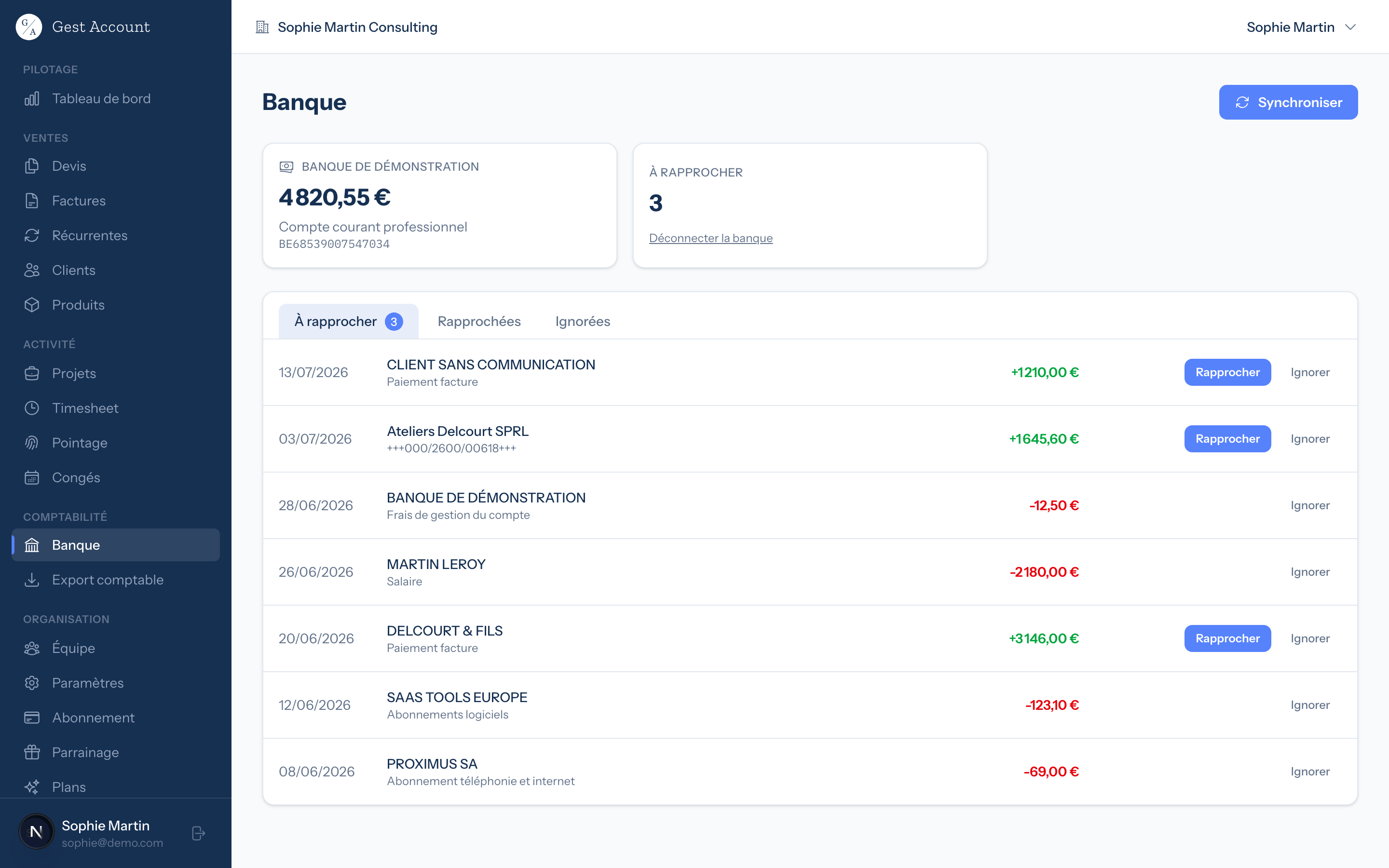 Page Banque de GestAccount : transactions à rapprocher des factures