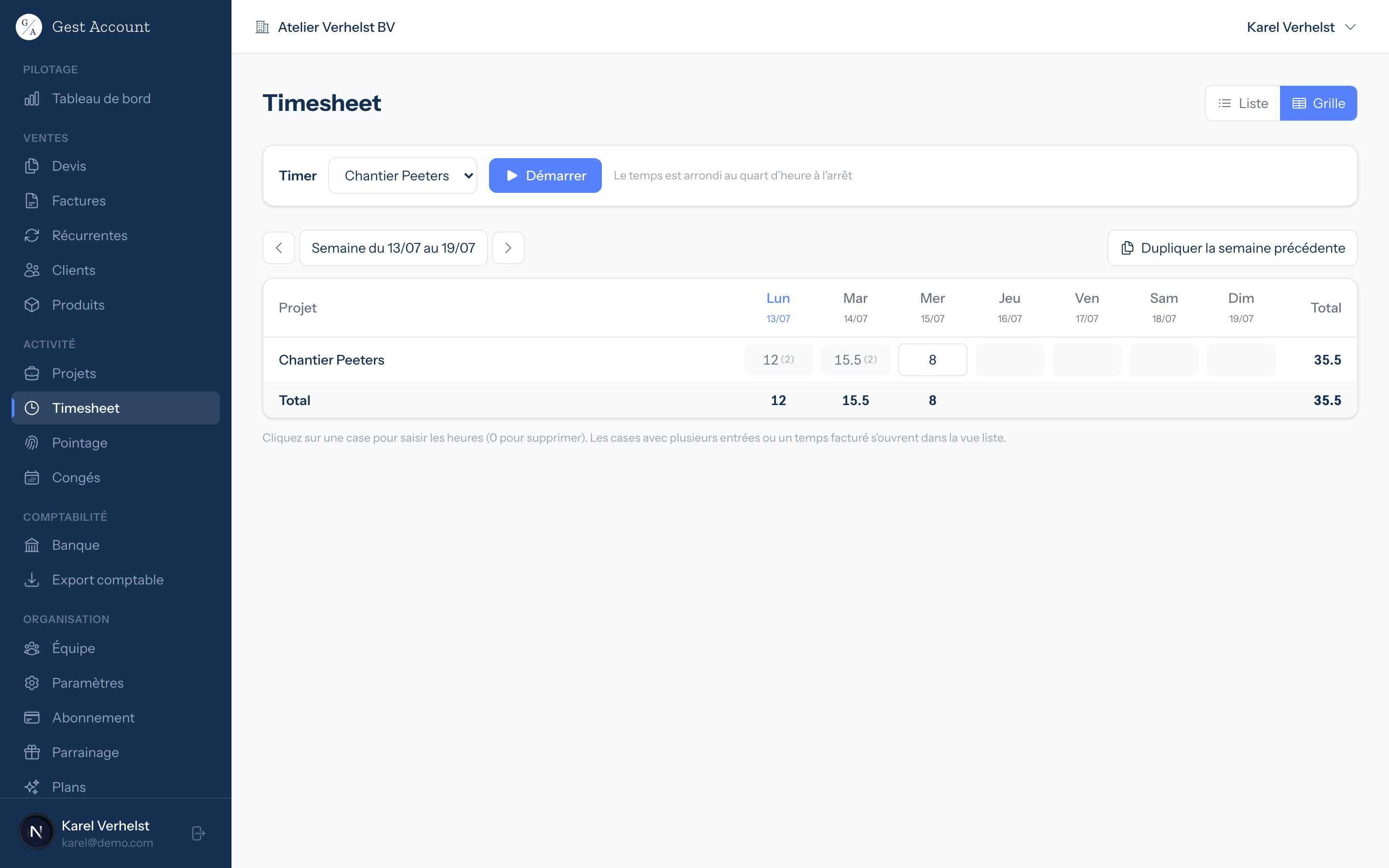 Timesheet GestAccount en vue grille : les heures de la semaine par projet